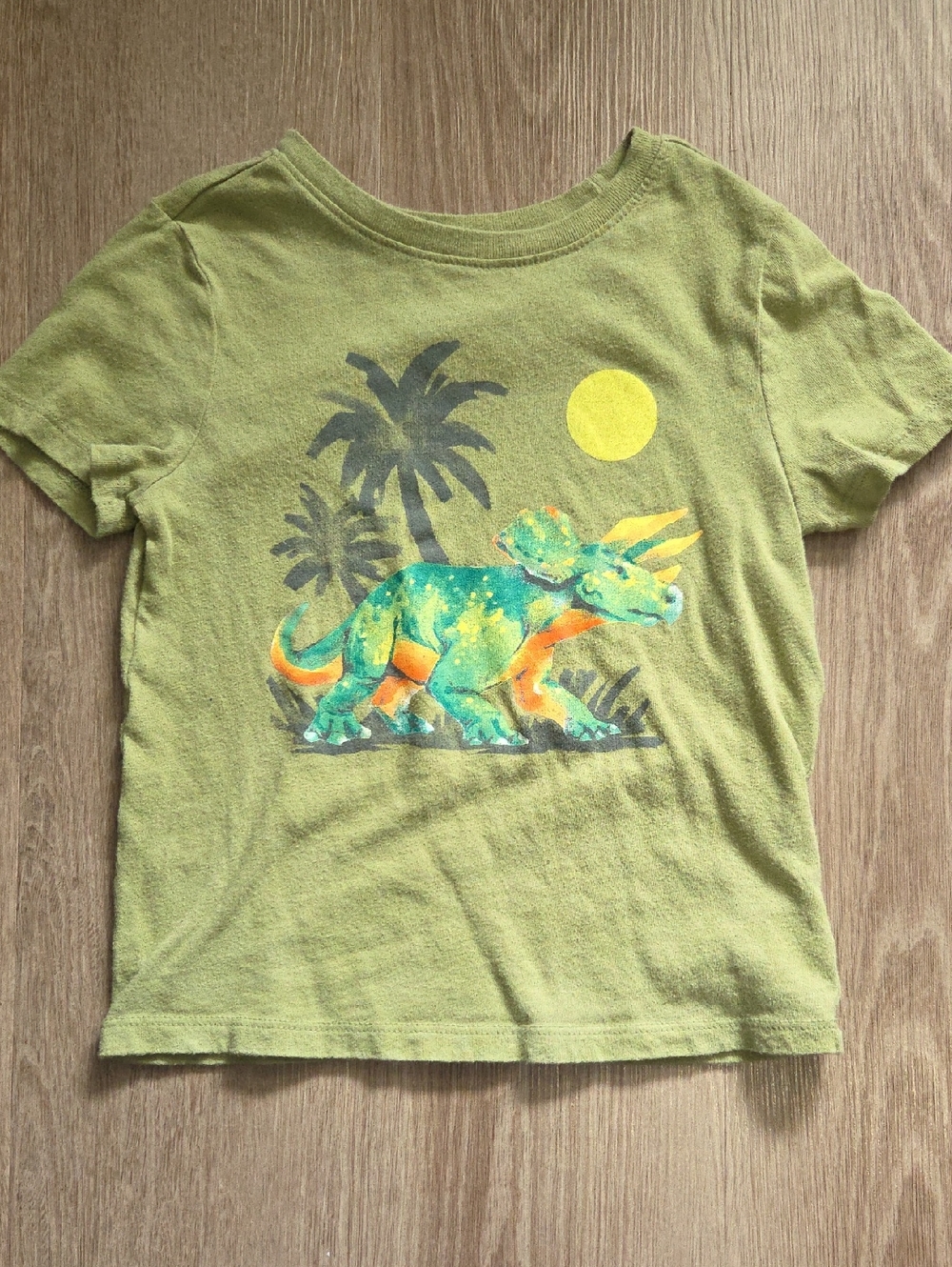 Old Navy Olive Green Triceratops Graphic Tee with Yellow Sun